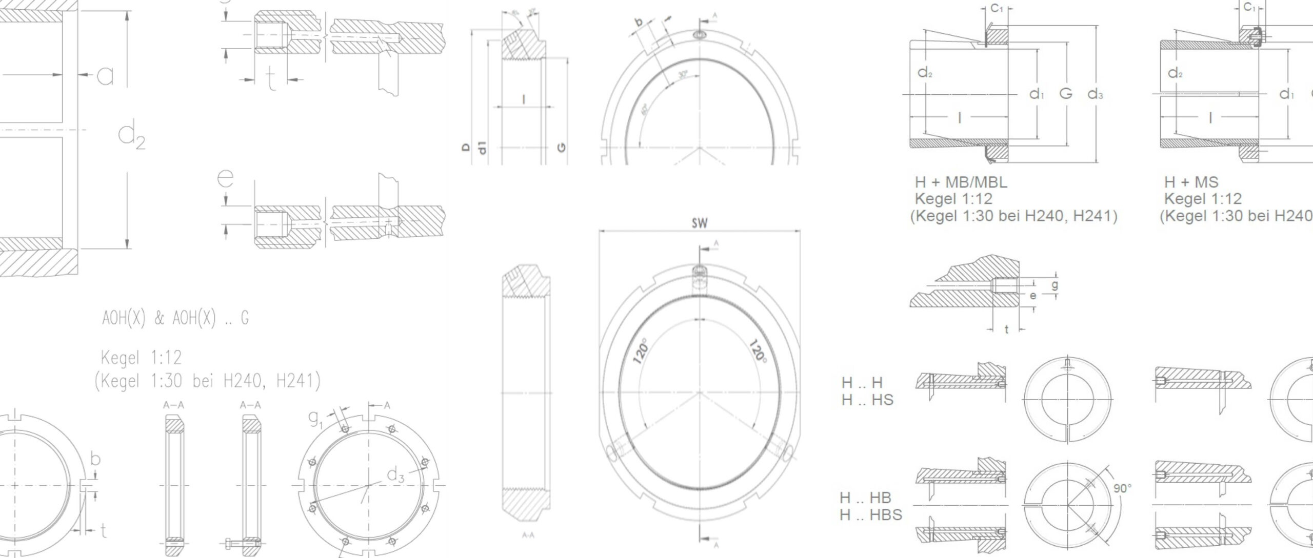 Technische Konstruktionszeichnung verschiedener Lager- und Spannhülsenelemente mit Maßangaben und Querschnitten.