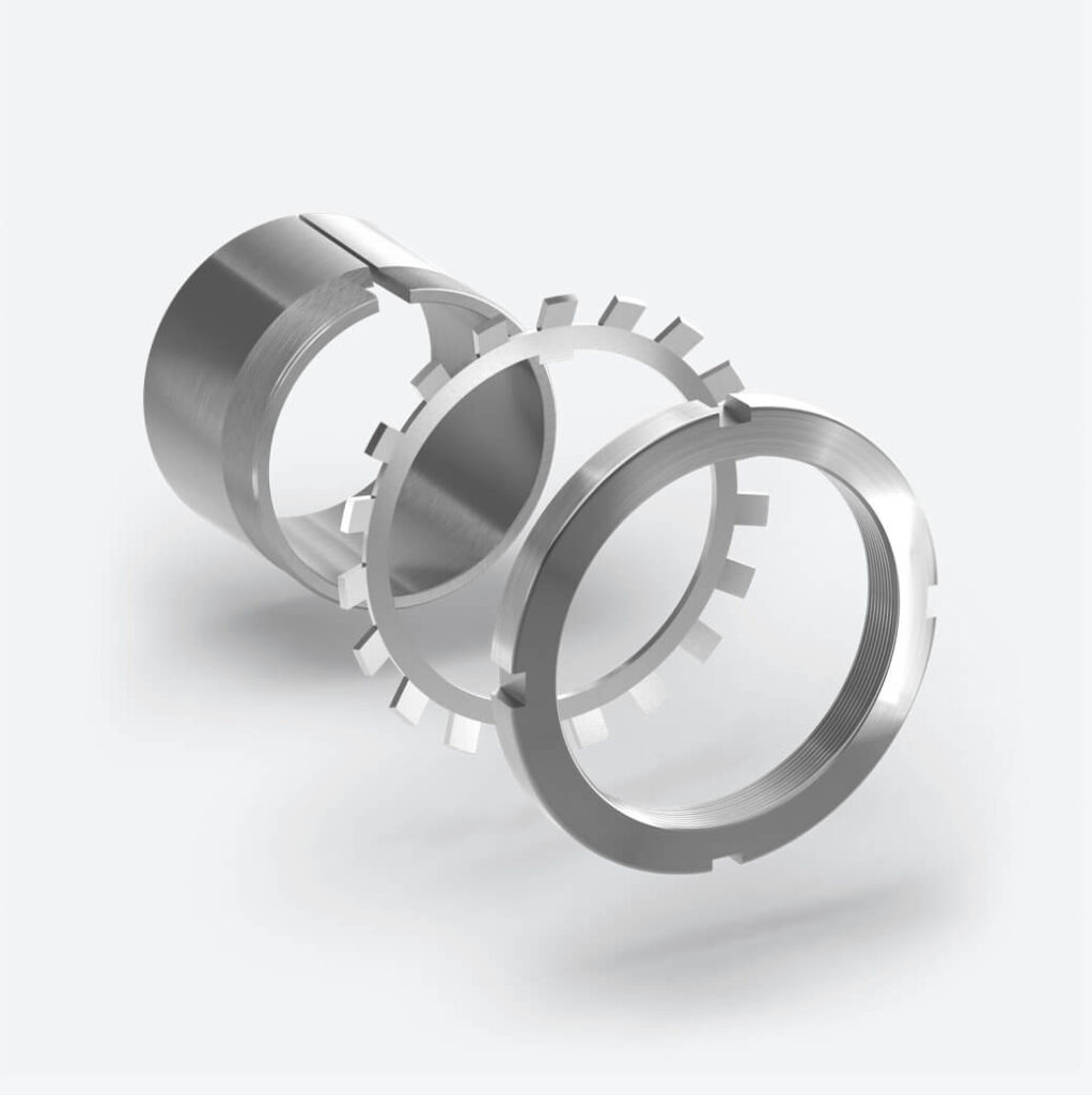 Spannhülse ohne Ölkanäle für Wälzlager mit Nutmutter und Sicherungsblech als Explosionsdarstellung